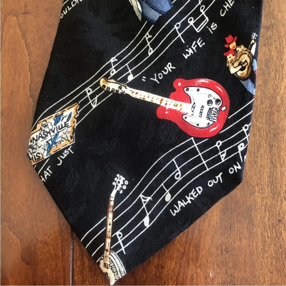 Nicole Miller Country Music Silk Tie Guitar Cowboy Hat Record Black Vintage 90s